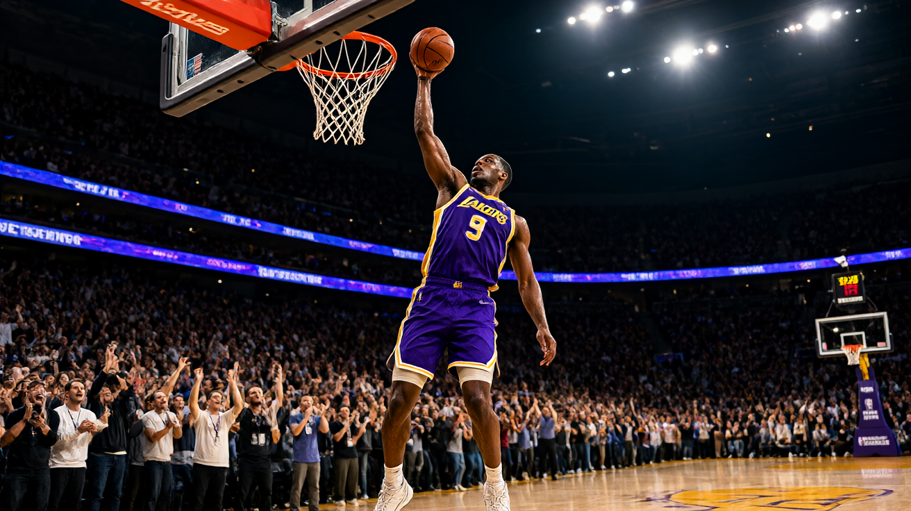 NBA篮球比赛现场,球员在空中扣篮,观众席热烈欢呼