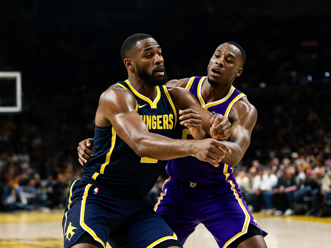 NBA常规赛湖人对阵掘金,球员在场上激烈争夺